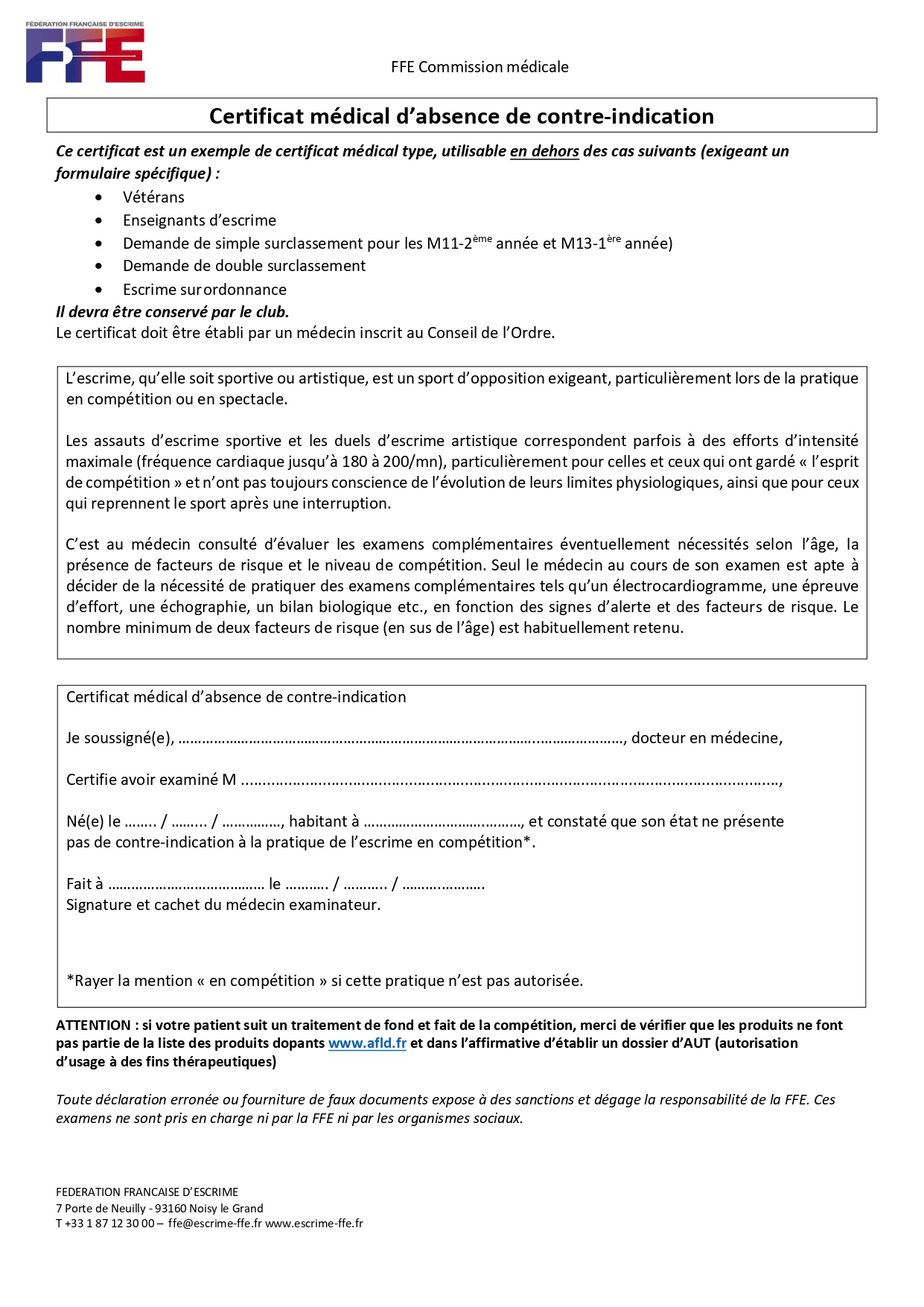 2023-2024 Certificat Medical standard