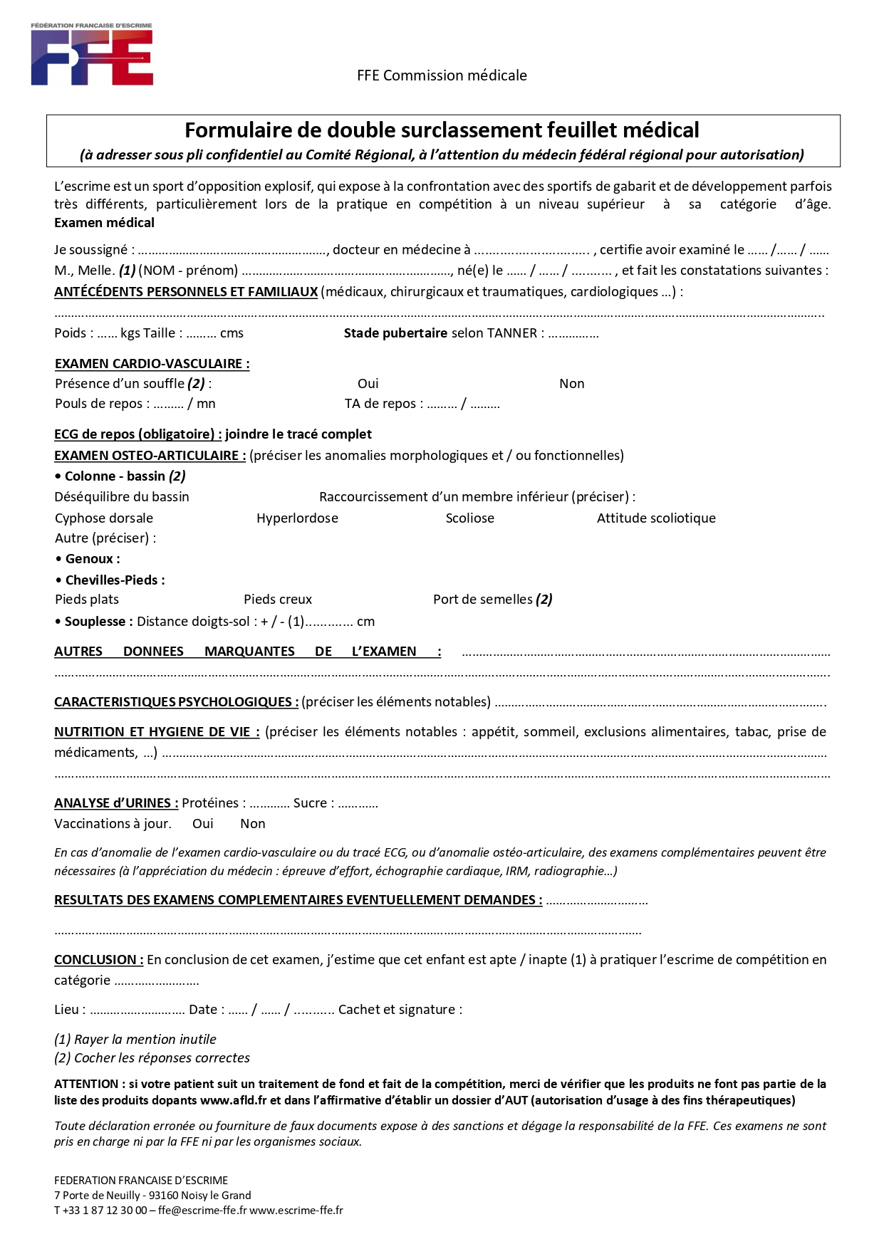2023-2024 certificat medical double surclassement 2