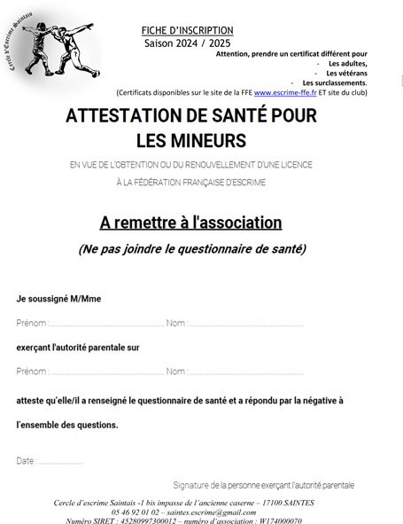 attestation santé mineurs